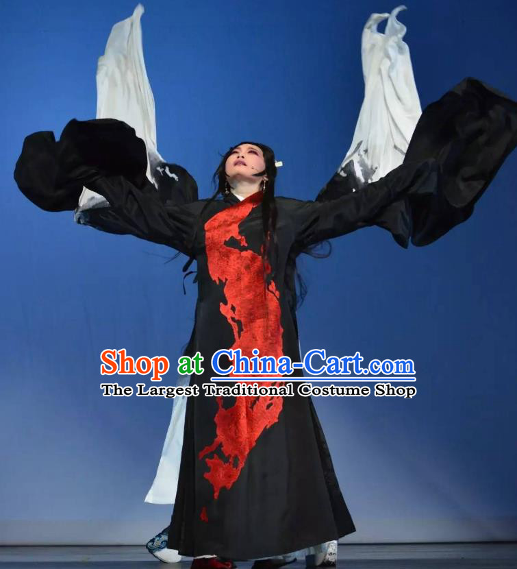 Chinese Shaoxing Opera Distress Maiden Black Dress Apparels Costumes and Headpieces Qing Teng Kuang Ge Yue Opera Actress Young Female Garment