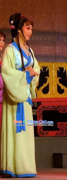 Chinese Shaoxing Opera Court Lady Green Dress Garment Costumes and Headpieces Han Wen Empress Yue Opera Xiaodan Apparels