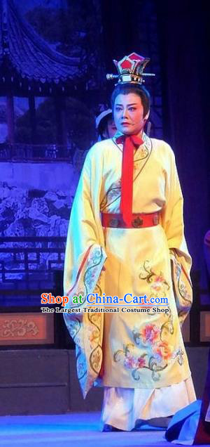 Chinese Yue Opera Niche Scholar Garment Costumes and Headwear Han Wen Empress Shaoxing Opera Young Male Yellow Robe Apparels Clothing