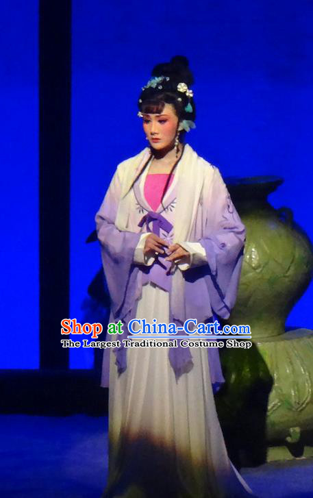 Chinese Shaoxing Opera Young Lady Liu Hanyan Dress Costumes and Headpieces Smoky Rain Celadon Yue Opera Hua Tan Actress Garment Apparels