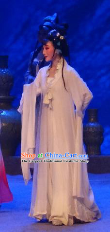 Chinese Shaoxing Opera Actress Liu Hanyan White Dress and Headpieces Smoky Rain Celadon Yue Opera Hua Tan Garment Apparels Costumes