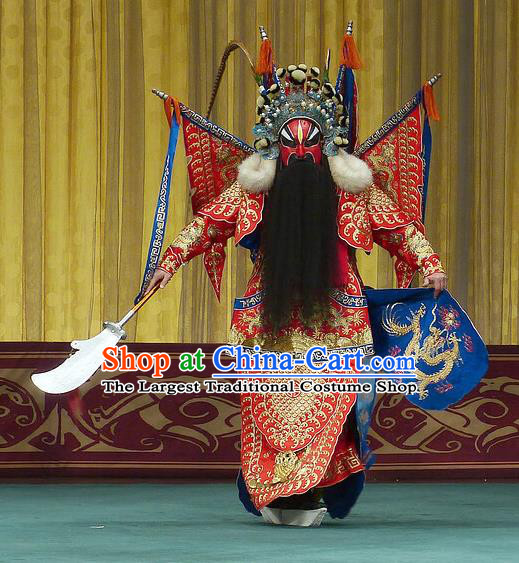 Chinese Beijing Opera Wu Sheng Apparels Zhu Lian Zhai Peking Opera Garment Costumes General Red Kao Armor Suit with Flags and Headwear