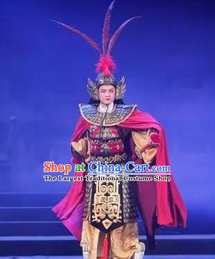 Chinese Yue Opera Wusheng Armor Garment Costumes and Headwear Tong Que Tai Shaoxing Opera General Apparels