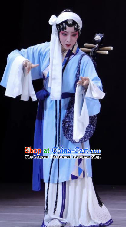 Chinese Kun Opera Civilian Female Blue Dresses Costumes The Story of Pipa Peking Opera Apparels Tsing Yi Garment and Headwear