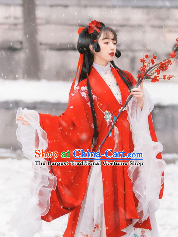 Traditional Chinese Ming Dynasty Historical Costumes Hanfu Dress Ancient Noble Lady Garment Red Cloak