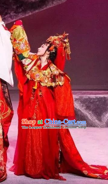 Chinese Shaoxing Opera Actress Wedding Garment Costumes and Headdress Dong Jun Qu Qi Yue Opera Hua Tan Zhi Lan Red Dress Apparels