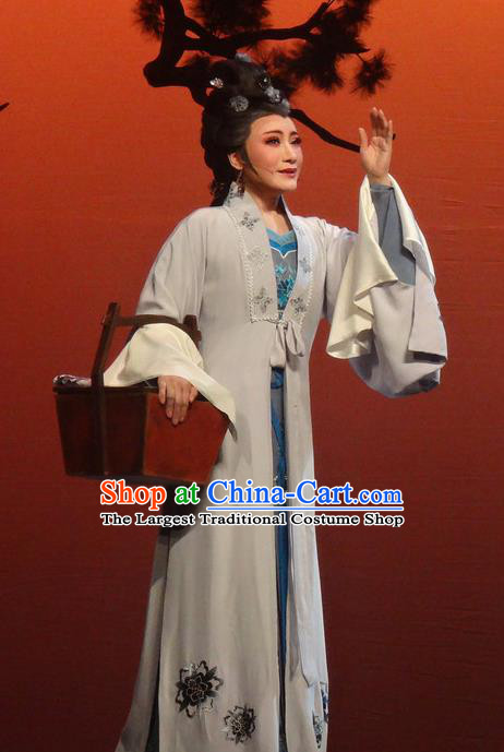 Chinese Shaoxing Opera Dame Grey Dress Shuang Fei Yi Apparels Yue Opera Wang Yanmei Garment Mistress Costumes and Hair Accessories