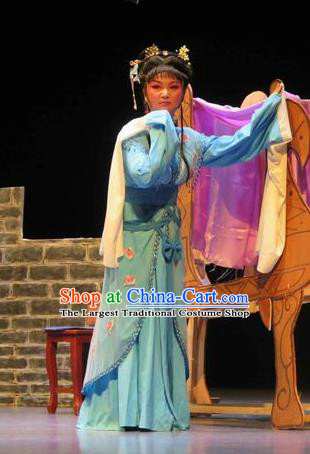 Chinese Shaoxing Opera Young Female Blue Dress Apparels Yue Opera The Peacocks Fly To The Southeast Liu Lanzhi Costumes Garment and Headpieces