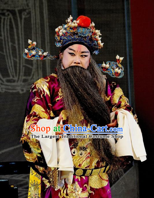 Chinese Classical Kun Opera Elderly Male Garment The Purple Hairpin Peking Opera Grand Commandant Costumes Purple Embroidered Robe and Headpiece