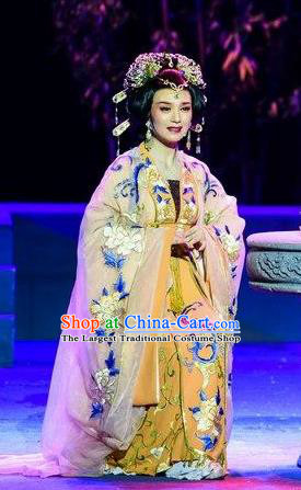 Chinese Shaoxing Opera Empress Actress Garment Costumes and Headdress Wang Yangming Yue Opera Hua Tan Yellow Dress Apparels