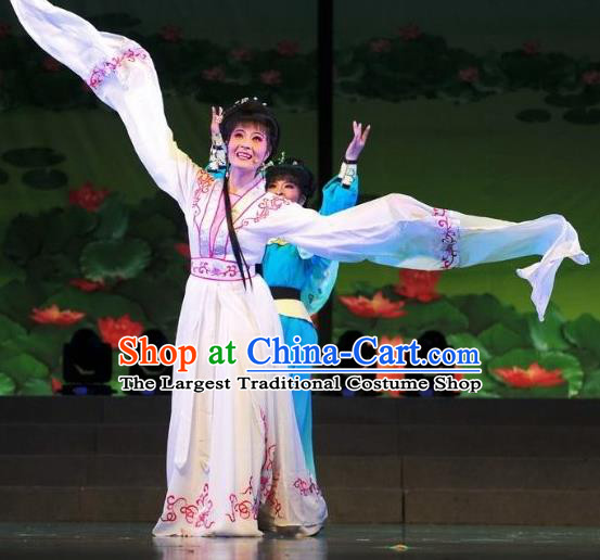 Chinese Shaoxing Opera Water Sleeve Dress Garment Costumes and Headdress Legend of White Snake Yue Opera Actress Bai Suzhen Apparels