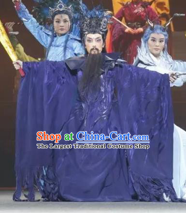 The Story of Goddess Chinese Yue Opera Elderly Male Purple Apparels Costumes and Headwear Shaoxing Opera Laosheng Garment