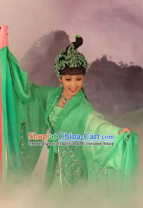 Chinese Shaoxing Opera Young Lady Xiao Qing Garment Costumes and Headdress Legend of White Snake Yue Opera Actress Green Dress Apparels