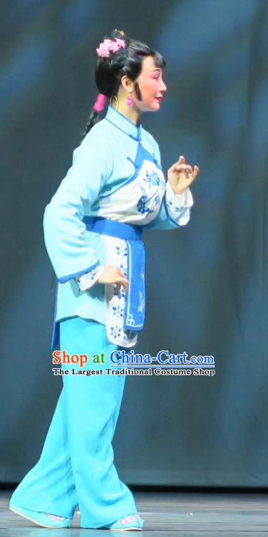 Chinese Shaoxing Opera Country Girl Blue Costumes and Headpieces Wu Gu Niang Yue Opera Xiaodan Garment Apparels