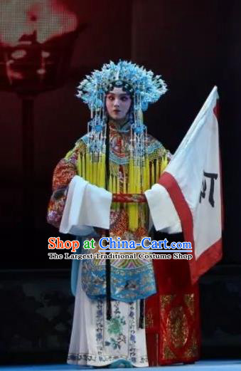 Chinese Shaoxing Opera Hua Tan Mu Guiying Apparels Costumes and Headdress Bai Sui Gua Shuai Yue Opera Actress Ceremonial Robe Garment