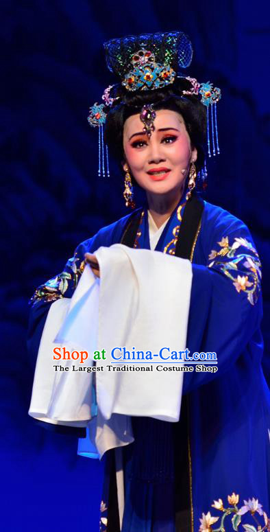 Chinese Shaoxing Opera Dowager Countess Costumes and Headdress Yue Opera Mrs Dayi Actress Infanta Chai Blue Dress Garment Apparels