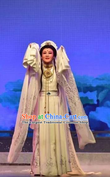 Chinese Shaoxing Opera Young Female Costumes Apparels and Headdress Yue Opera Goddess of Mercy Dress Garment