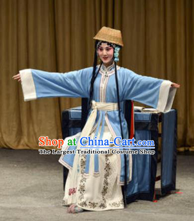 Chinese Kun Opera Country Woman Blue Dress Apparels Costumes and Headpiece Lan Ke Mountain Kunqu Opera Mistress Cui Garment