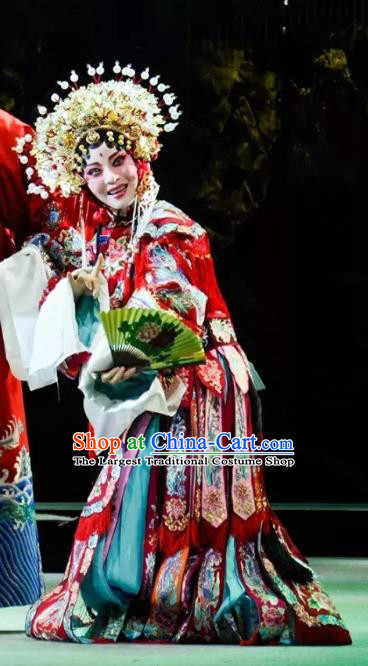 Chinese Kun Opera Imperial Consort Yang Red Dress Costumes and Headdress Rain on the Phoenix Tree Kunqu Opera Hua Tan Garment Apparels