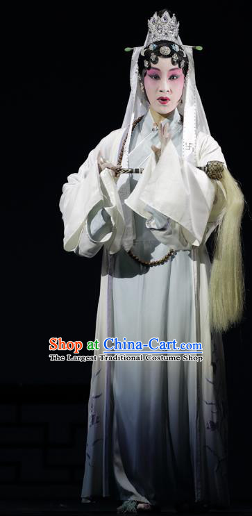 Chinese Kun Opera Taoist Nun Miao Yu Apparels Costumes and Headdress Dream of Red Mansions Kunqu Opera Young Beauty White Dress Garment