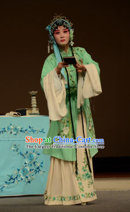 Chinese Kun Opera Young Female Qiao Xiaoqing Green Apparels Costumes and Hair Accessories Liao Du Geng Traditional Kunqu Opera Actress Dress Consort Garment