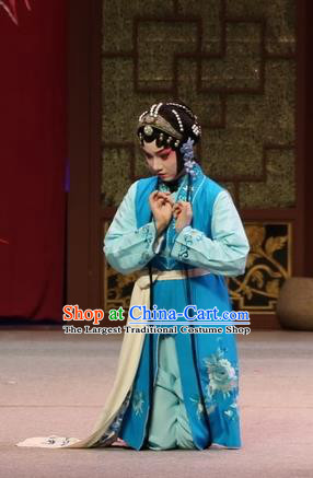 Chinese Kun Opera Young Girl Blue Dress Apparels and Headdress Full Bed Wat Traditional Kunqu Opera Servant Lady Garment Costumes