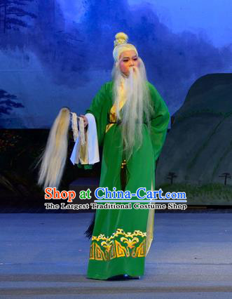 Chinese Yue Opera Elderly Male Apparels Pi Shan Jiu Mu Garment Shaoxing Opera Costumes Lao Sheng Earth God Green Robe and Headdress