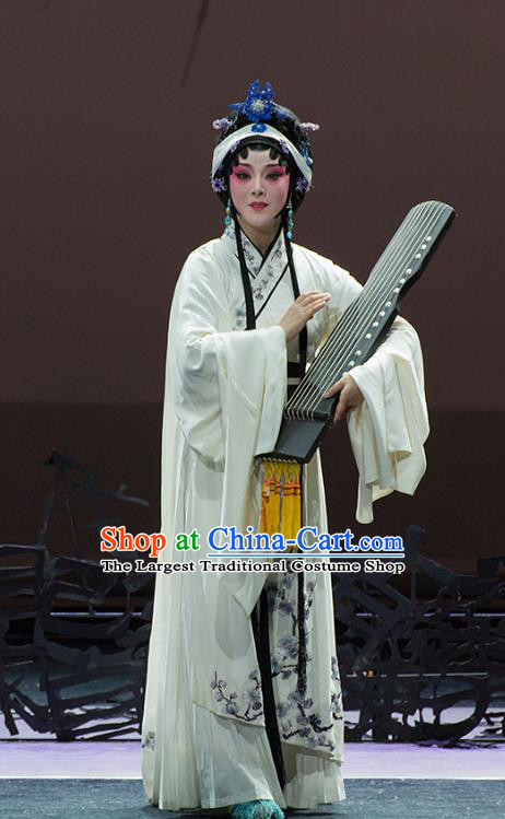 Chinese Kun Opera Tsing Yi Actress Apparels Costumes and Headdress Continue the Pipa Traditional Kunqu Opera Distress Maiden White Dress Garment