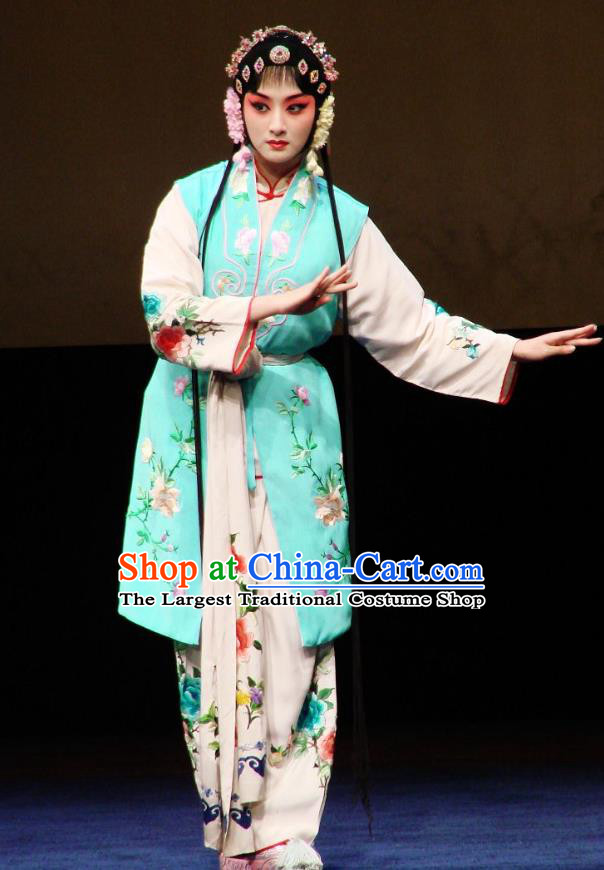 Chinese Kun Opera Young Beauty Costumes Apparels and Headdress Green Peony Traditional Kunqu Opera Xiaodan Che Jingfang Dress Garment