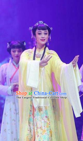 Chinese Shaoxing Opera Noble Lady Costumes Zhang Yu Niang Apparels Yue Opera Hua Tan Actress Yellow Dress Garment and Headpieces