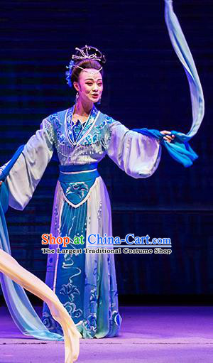 Chinese Huangmei Opera Hua Tan Apparels Costumes and Headpieces Goddess Marriage Traditional Anhui Opera Diva Blue Dress Garment