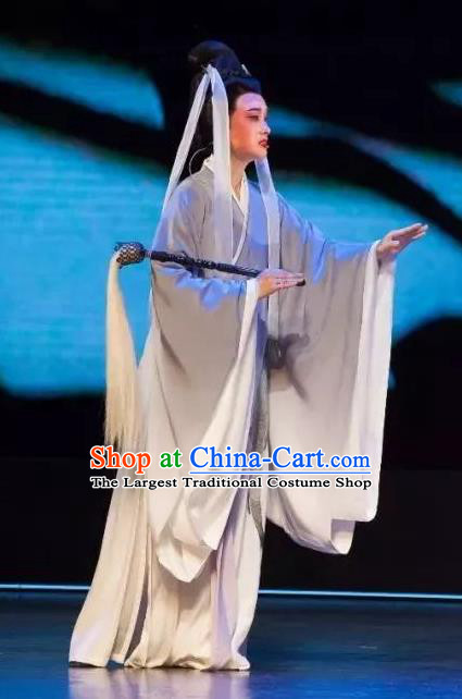 Chinese Huangmei Opera Young Female Grey Apparels Costumes and Headpieces Taibai Drunk Traditional Anhui Opera Taoist Nun Dress Garment