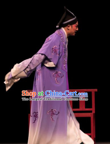 Luo Pa Ji Chinese Huangmei Opera Young Man Purple Costumes and Headwear An Hui Opera Steward Jiang Xiong Apparels Clothing