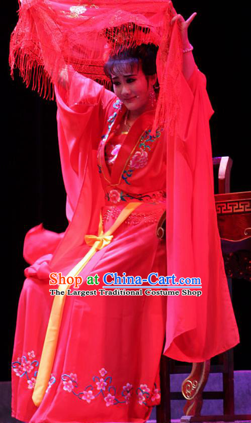 Chinese Huangmei Opera Actress Wedding Garment Costumes and Headpieces True and False Groom Traditional Anhui Opera Bride Red Dress Apparels