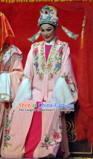 The Bridal Chamber Chinese Classical Shaoxing Opera Bridegroom Garment Yue Opera Xiao Sheng Apparels Young Male Costumes Pink Robe and Hat