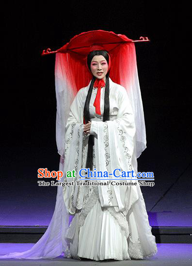 Chinese Huangmei Opera Actress White Garment Costumes and Headdress Xiao Qiao Chu Jia Traditional Anhui Opera Diva Hua Tan Dress Apparels