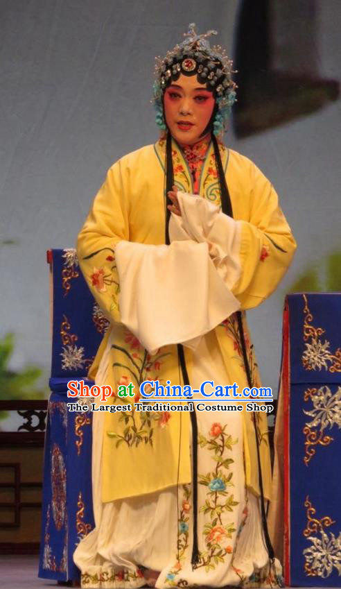 Chinese Ping Opera Diva Wang Sanqiao Apparels Costumes and Headdress Zhen Zhu Shan Traditional Pingju Opera Hua Tan Yellow Dress Garment