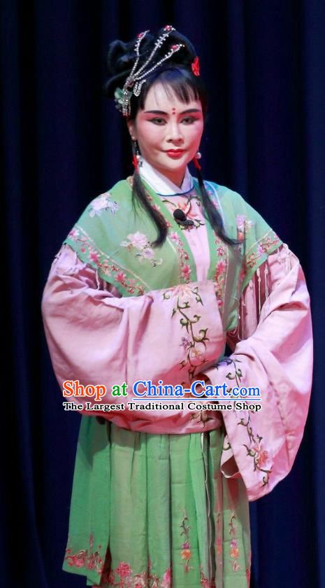 Chinese Ping Opera Xiao Dan Costumes Yu He Qiao Apparels and Headpieces Traditional Pingju Opera Maidservant Green Dress Garment