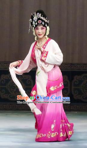 Chinese Ping Opera Patrician Lady Costumes The Wrong Red Silk Apparels and Headpieces Traditional Pingju Opera Hua Tan Rosy Dress Garment