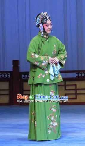 Chinese Ping Opera Young Lady Green Flower a Matchmaker Costumes and Headdress Traditional Pingju Opera Xiandan Dress Garment Apparels