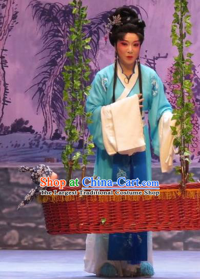 Chinese Ping Opera Country Female Apparels Costumes and Headpieces Legend of Love Traditional Pingju Opera Diva Blue Dress Garment