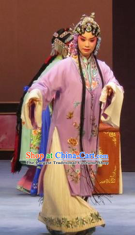 Chinese Ping Opera Apparels Actress Costumes and Headdress Peach Blossom Temple Traditional Pingju Opera Diva Young Mistress Purple Dress Garment