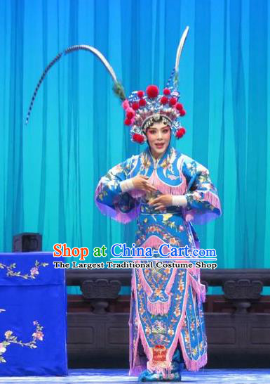 Chinese Ping Opera Blues Costumes Apparels and Headpieces Yang Bajie You Chun Traditional Pingju Opera Swordsplay Female Dress Garment