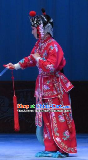 Chinese Ping Opera Martial Female Red Apparels Costumes and Headdress Traditional Pingju Opera San Kan Yu Mei Swordswoman Dress Garment