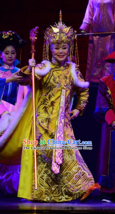 Chinese Ping Opera Qing Dynasty Queen Mother Costumes Apparels and Headdress Xiaozhuang Changge Traditional Pingju Opera Actress Dress Garment