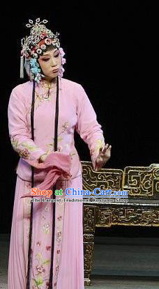 Chinese Ping Opera Young Beauty Chun Lian Costumes Apparels and Headpieces Embroidered Shoes Traditional Pingju Opera Diva Pink Dress Garment