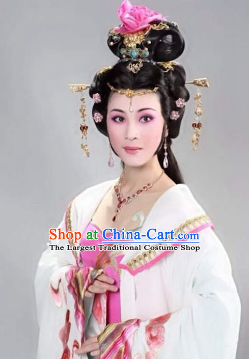 Chinese Shaoxing Opera Imperial Consort Costumes Zhen Huan Apparels Yue Opera Diva Garment Hua Tan Young Lady White Dress and Hair Jewelry