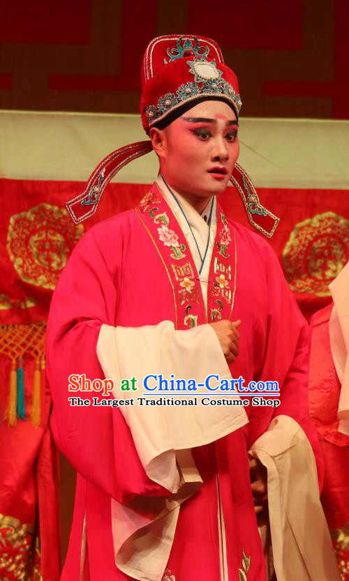 Chinese Yue Opera Scholar Wedding Embroidered Robe Costumes and Hat Shaoxing Opera A Tragic Marriage Young Male Xiao Sheng Apparels Garment