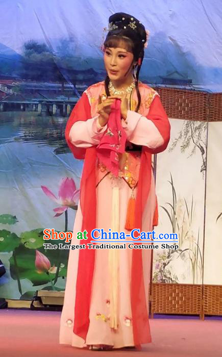 Chinese Shaoxing Opera Maidservant Costumes Yue Opera Xiao Dan The Wrong Red Silk Young Lady Garment Servant Girl Apparels and Hair Jewelry