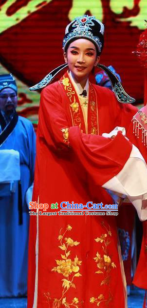 Chinese Yue Opera Niche Scholar The Wrong Red Silk Wedding Apparels Shaoxing Opera Xiao Sheng Costumes Bridegroom Red Garment and Headwear